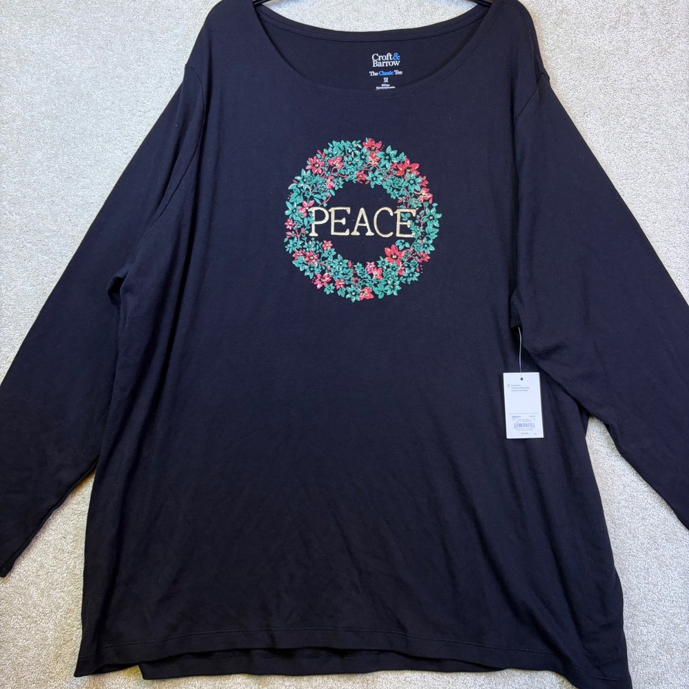Croft & Barrow Long Sleeve Tee Womens 3X Black Peace Floral Wreath Graphic NEW